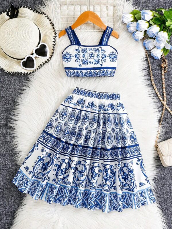 SHEIN Young Girl Bohemian Floral Print Camisole Top & Midi Skirt Set
