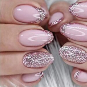 SHEIN 24pcs Short Round Head Fake Nails With Shiny Red & Pink French Style
