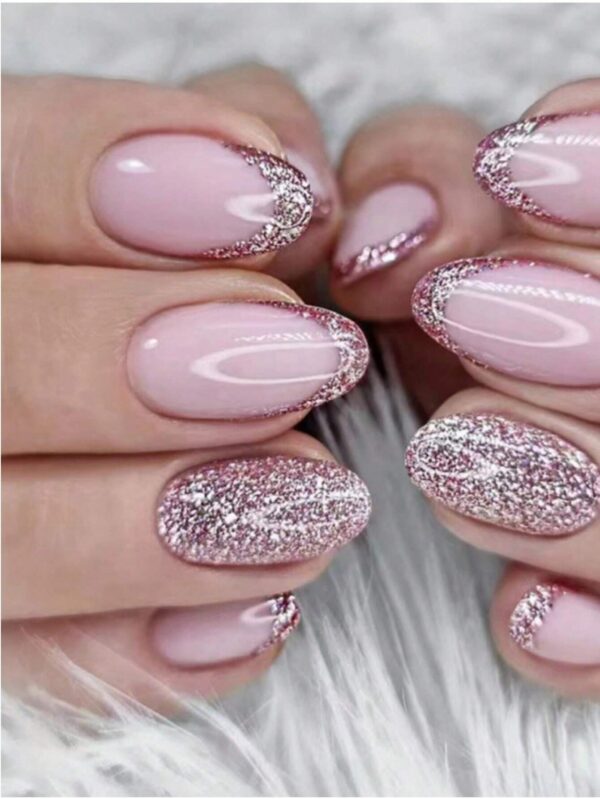 SHEIN 24pcs Short Round Head Fake Nails With Shiny Red & Pink French Style