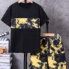 SHEIN 2pcs/Set Tween Boys Casual Ombre Lightning Graphic Tee Shirt And Shorts Set