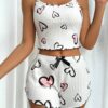 SHEIN Bowknot Decorated Heart Printed Cami Shorts Home Clothes White Set