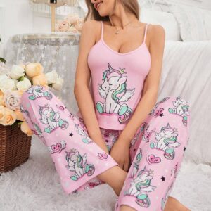 SHEIN CoupledUp Women's Cartoon Unicorn Print Sleepwear Set Pajama Set