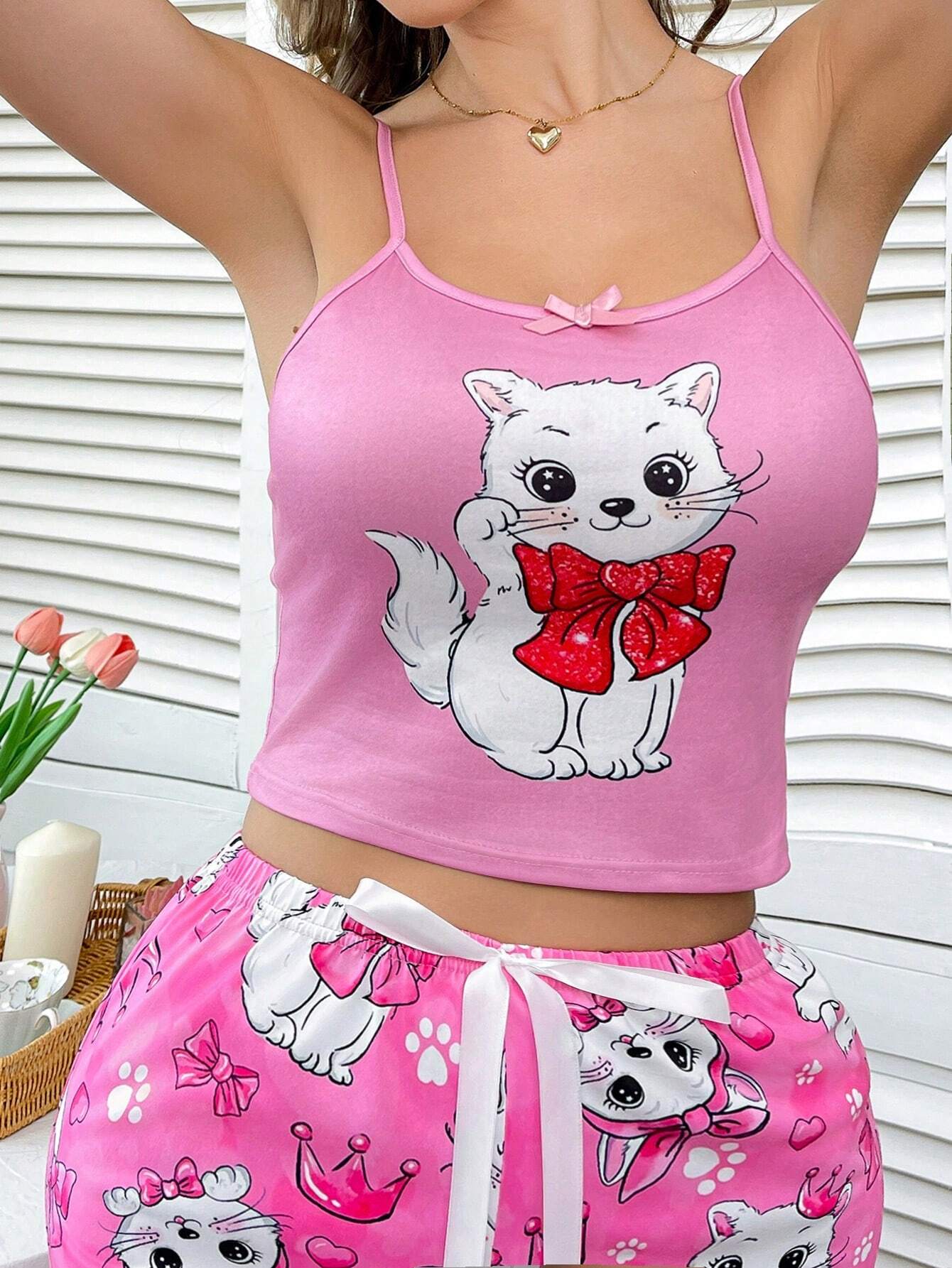 SHEIN Cute Cat Bowknot Strap Camisole Top