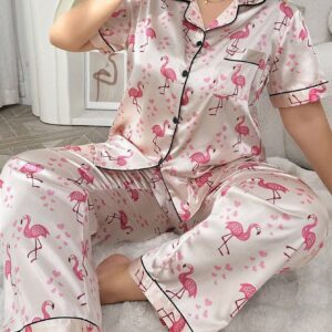 SHEIN Flamingo Patterned Plus Size Short Sleeve & Long Pants Silk-Like Pajama Set