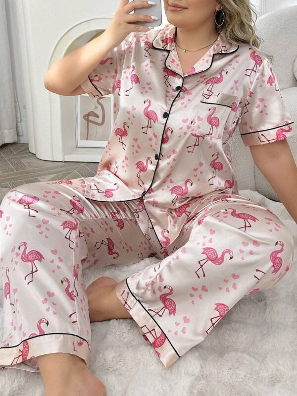 SHEIN Flamingo Patterned Plus Size Short Sleeve & Long Pants Silk-Like Pajama Set