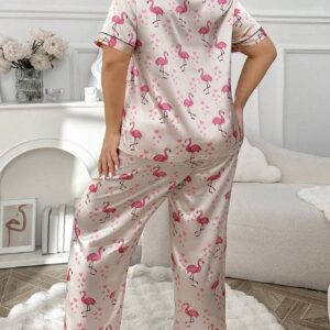 SHEIN Flamingo Patterned Plus Size Short Sleeve & Long Pants Silk-Like Pajama Set