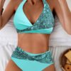 SHEIN Swim Women's Summer Beach Shiny Halter Halter Sexy Bikini Set