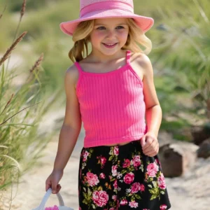 SHEIN Young Girl Ribbed Knit Cami Top & Floral Print Shorts