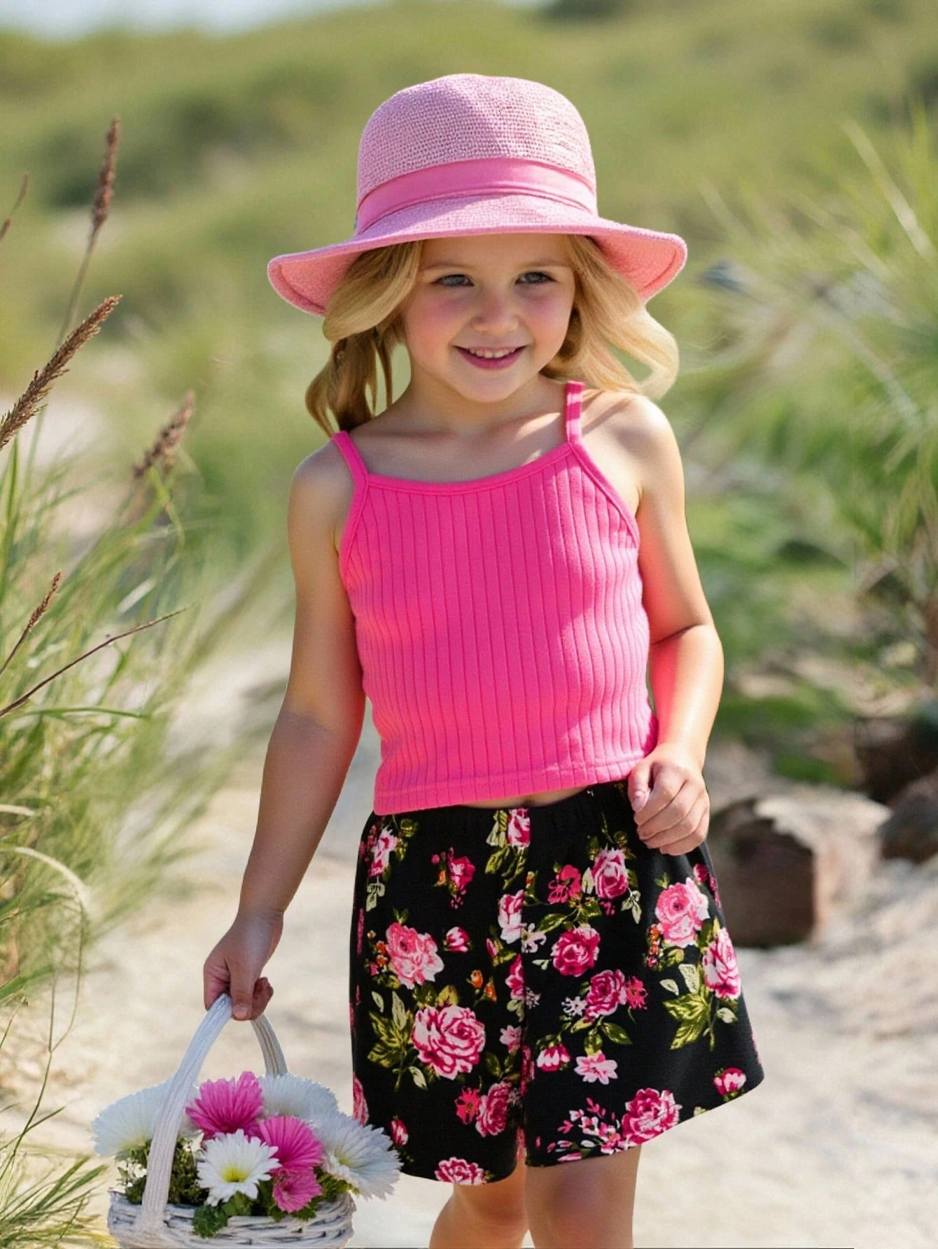 SHEIN Young Girl Ribbed Knit Cami Top & Floral Print Shorts