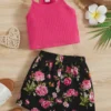 SHEIN Young Girl Ribbed Knit Cami Top & Floral Print Shorts