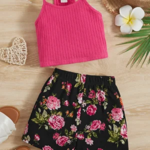 SHEIN Young Girl Ribbed Knit Cami Top & Floral Print Shorts