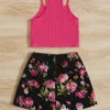 SHEIN Young Girl Ribbed Knit Cami Top & Floral Print Shorts