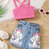 SHEIN Young Girl Solid Color Tank Top & Unicorn Graphic Denim Effect Skirt Set