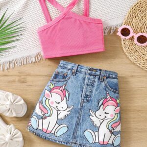 SHEIN Young Girl Solid Color Tank Top & Unicorn Graphic Denim Effect Skirt Set