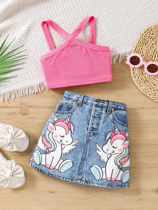 SHEIN Young Girl Solid Color Tank Top & Unicorn Graphic Denim Effect Skirt Set