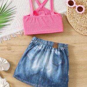 SHEIN Young Girl Solid Color Tank Top & Unicorn Graphic Denim Effect Skirt Set