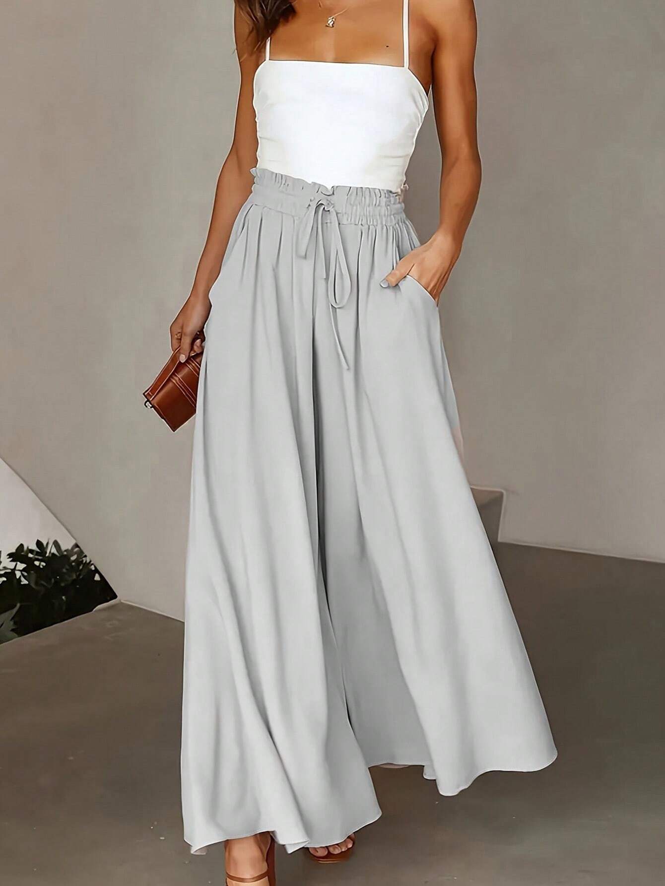 SHEIN Solid Color Drawstring Waist Loose Casual Long Pants