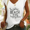 SHEIN Summer Outfits V-Neck Letter Print Batwing Sleeve Casual Beach Tee