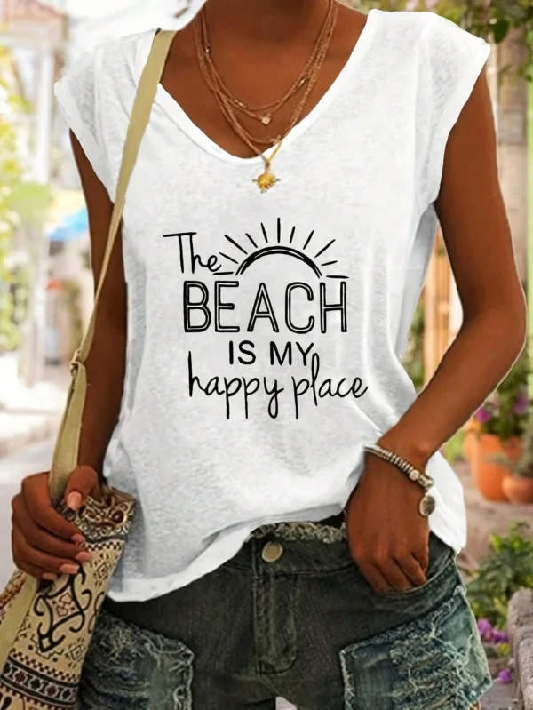 SHEIN Summer Outfits V-Neck Letter Print Batwing Sleeve Casual Beach Tee