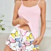 SHEIN Solid Color Butterfly Print Cami Top And Shorts Pajama Set
