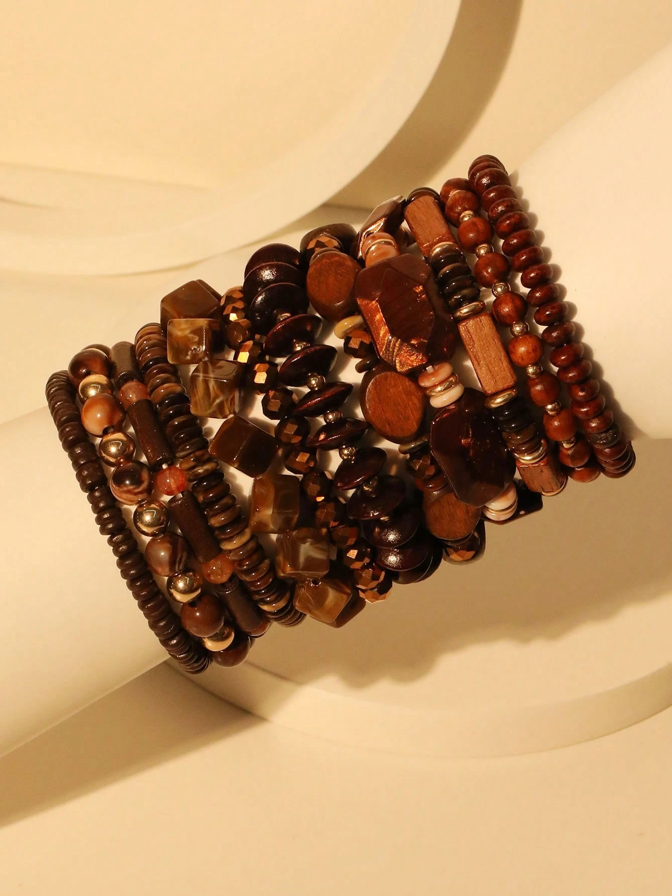 SHEIN 12pcs/Set Beaded Bohemian Wooden Bead & Resin Dark Brown