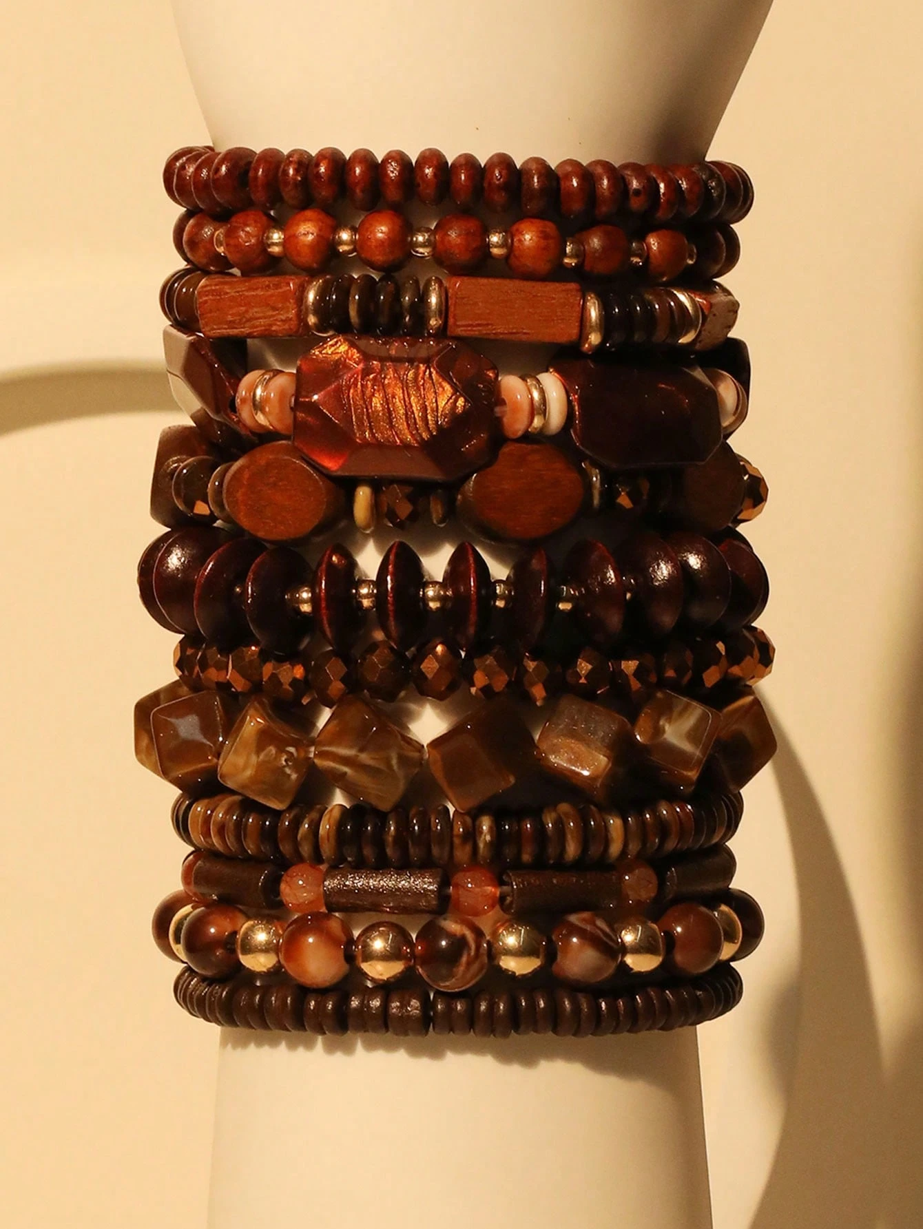 SHEIN 12pcs/Set Beaded Bohemian Wooden Bead & Resin Dark Brown