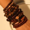 SHEIN 12pcs/Set Beaded Bohemian Wooden Bead & Resin Dark Brown