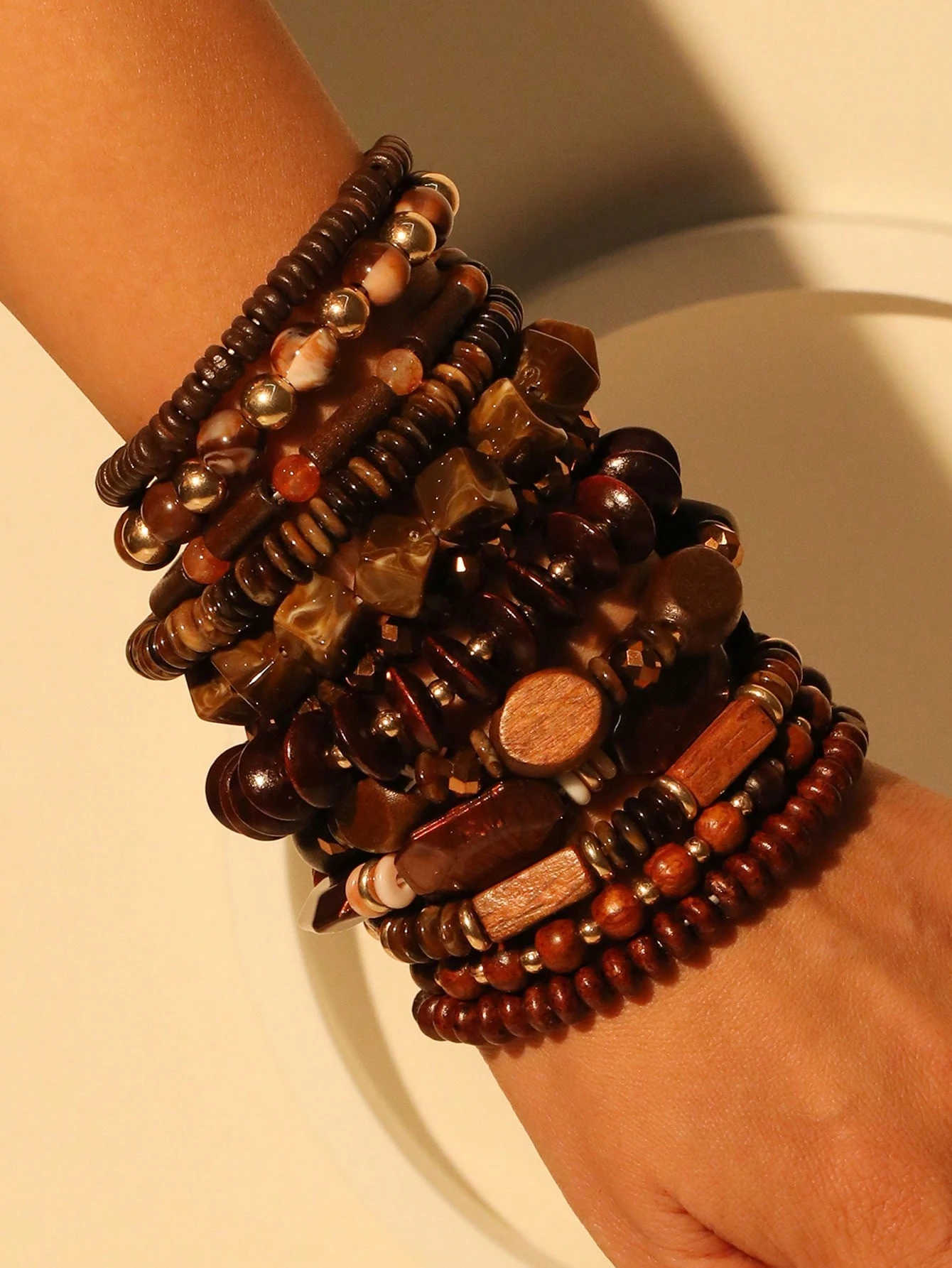 SHEIN 12pcs/Set Beaded Bohemian Wooden Bead & Resin Dark Brown