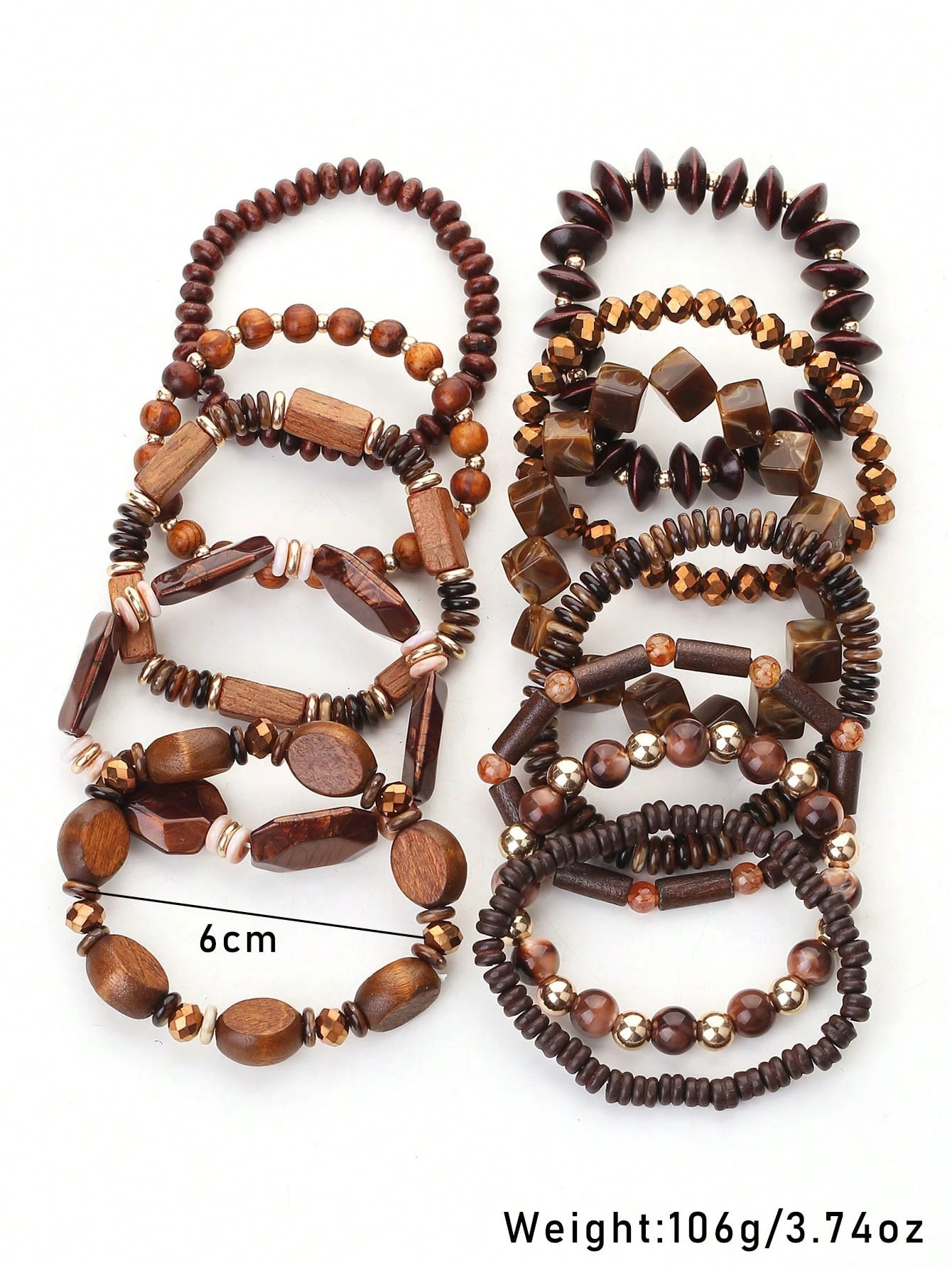 SHEIN 12pcs/Set Beaded Bohemian Wooden Bead & Resin Dark Brown