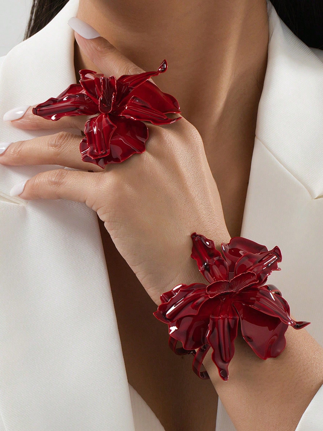 SHEIN Set Elegant Fashion Geometric Asymmetrical 3D Floral Bangle & Ring Jewelry Set