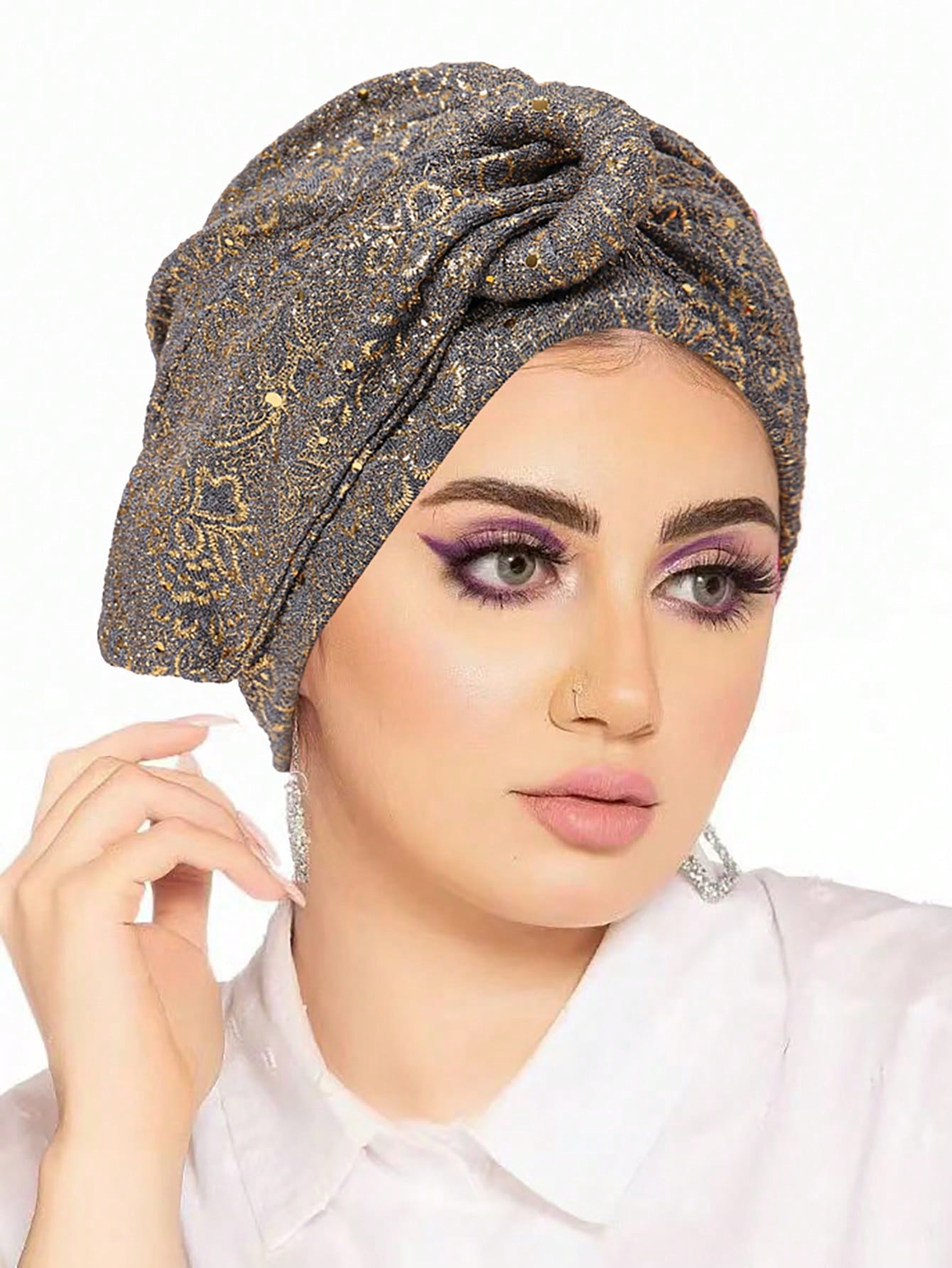 SHEIN European & American Style Women's Sequin Pleated Twist Headscarf Hat, Head Wrap Turban