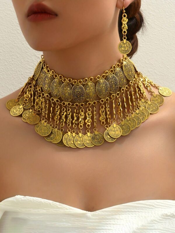 SHEIN 1pc Necklace + 1 Pair Earrings, Retro Boho Oversized Coin Tassel Jewelry Set