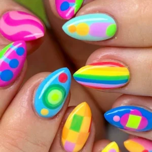 SHEIN 24PCS Y2K Cute Sport Colorful Geometric Patterns Almond Fake False Nails