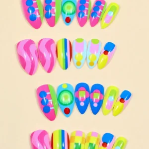 SHEIN 24PCS Y2K Cute Sport Colorful Geometric Patterns Almond Fake False Nails