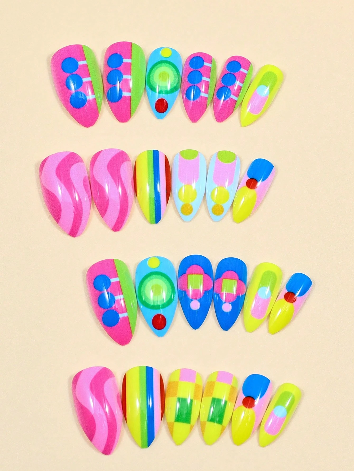 SHEIN 24PCS Y2K Cute Sport Colorful Geometric Patterns Almond Fake False Nails
