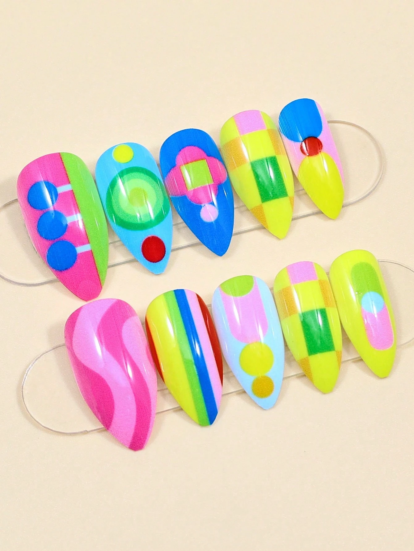 SHEIN 24PCS Y2K Cute Sport Colorful Geometric Patterns Almond Fake False Nails