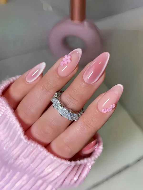 SHEIN 24pcs French Style Pink Cat Eye & Small Flower Design Artificial Nails