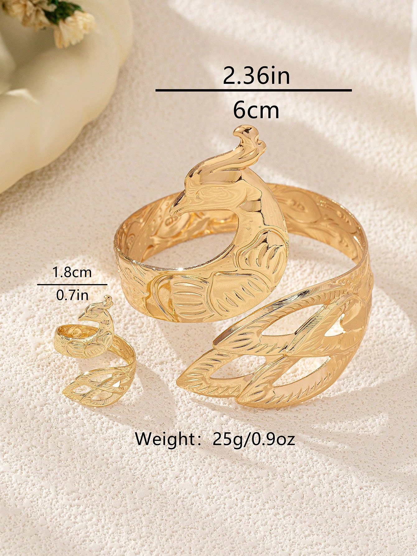 SHEIN 2pcs Fashionable Personalized Exaggerated Peacock Bracelet & Ring Set