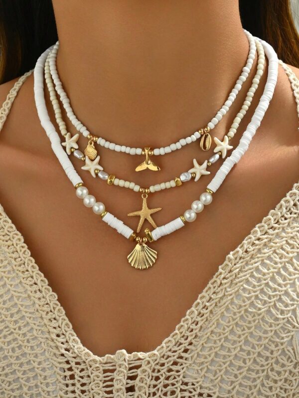 SHEIN 3pcs Bohemian Vacation Ocean Style Mermaid Shell Faux Turquoise Starfish Bead Choker Necklace