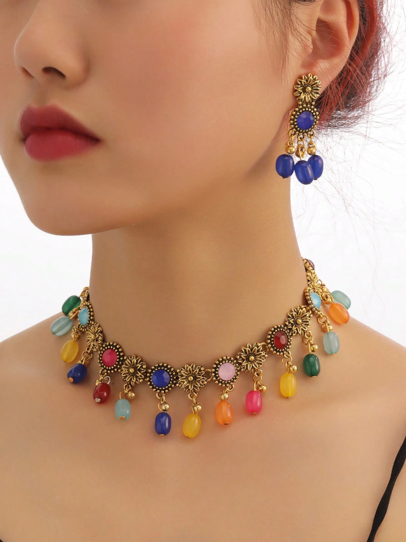 SHEIN 3pcs Women Fashion Exquisite Luxury Colorful Oval Pearl Pendant Necklace Earrings