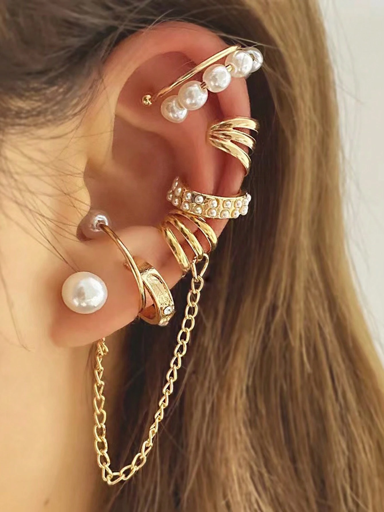 SHEIN Pearl Earcuffs Without Piercing, New Fashion Long Elegant Ear Clip Earrings