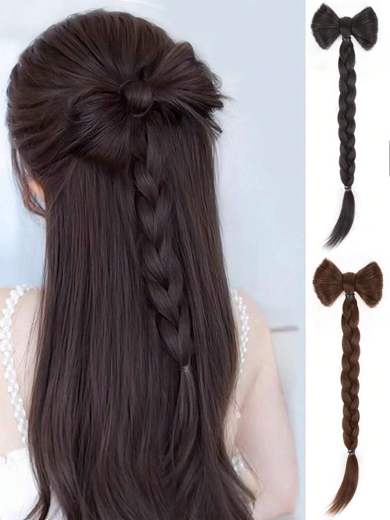 SHEIN Cute Hair Extension Clip With Twisted Braid And Bowknot Light Brown