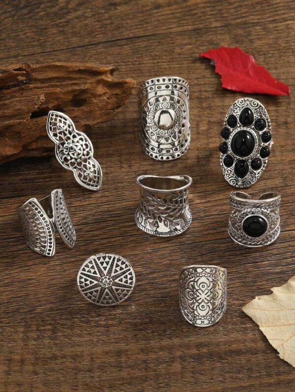 SHEIN Elegant 8 Pieces Vintage Black Agate Ring Set
