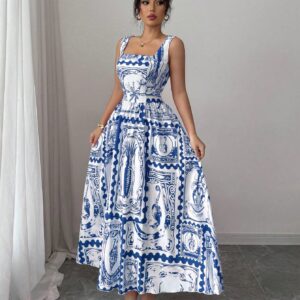 SHEIN Elenzga Women Elegant Floral Print Spaghetti Strap Cinched Waist Maxi Casual Holiday Dress