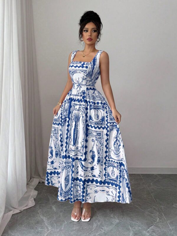 SHEIN Elenzga Women Elegant Floral Print Spaghetti Strap Cinched Waist Maxi Casual Holiday Dress