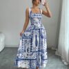 SHEIN Elenzga Women Elegant Floral Print Spaghetti Strap Cinched Waist Maxi Casual Holiday Dress