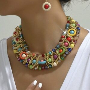 SHEIN Faux Crystal & Turquoise Weaved Necklace