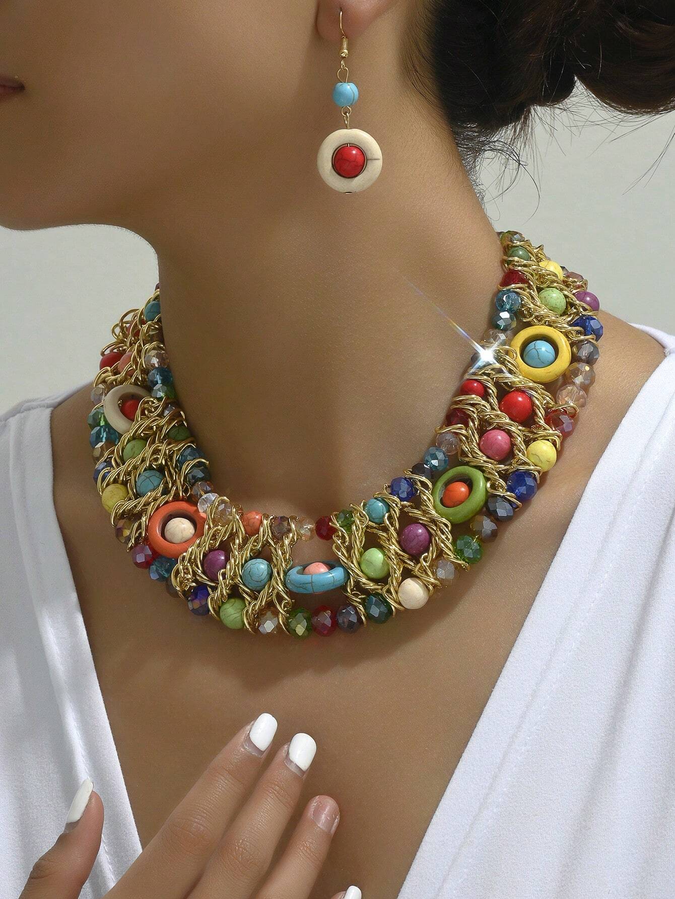 SHEIN Faux Crystal & Turquoise Weaved Necklace