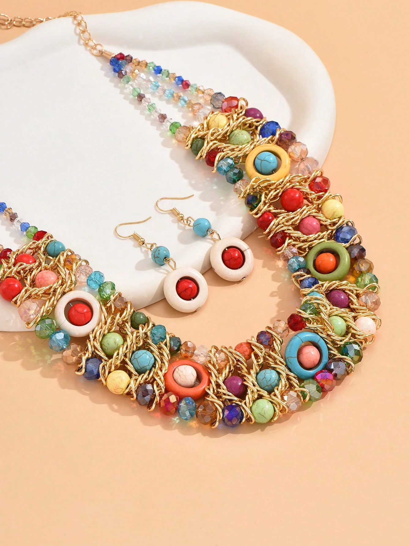 SHEIN Faux Crystal & Turquoise Weaved Necklace