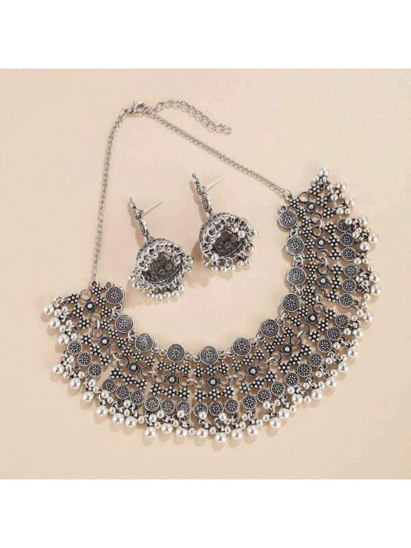 SHEIN Faux Pearl Pendant Earrings & Necklace Set Antique Silver